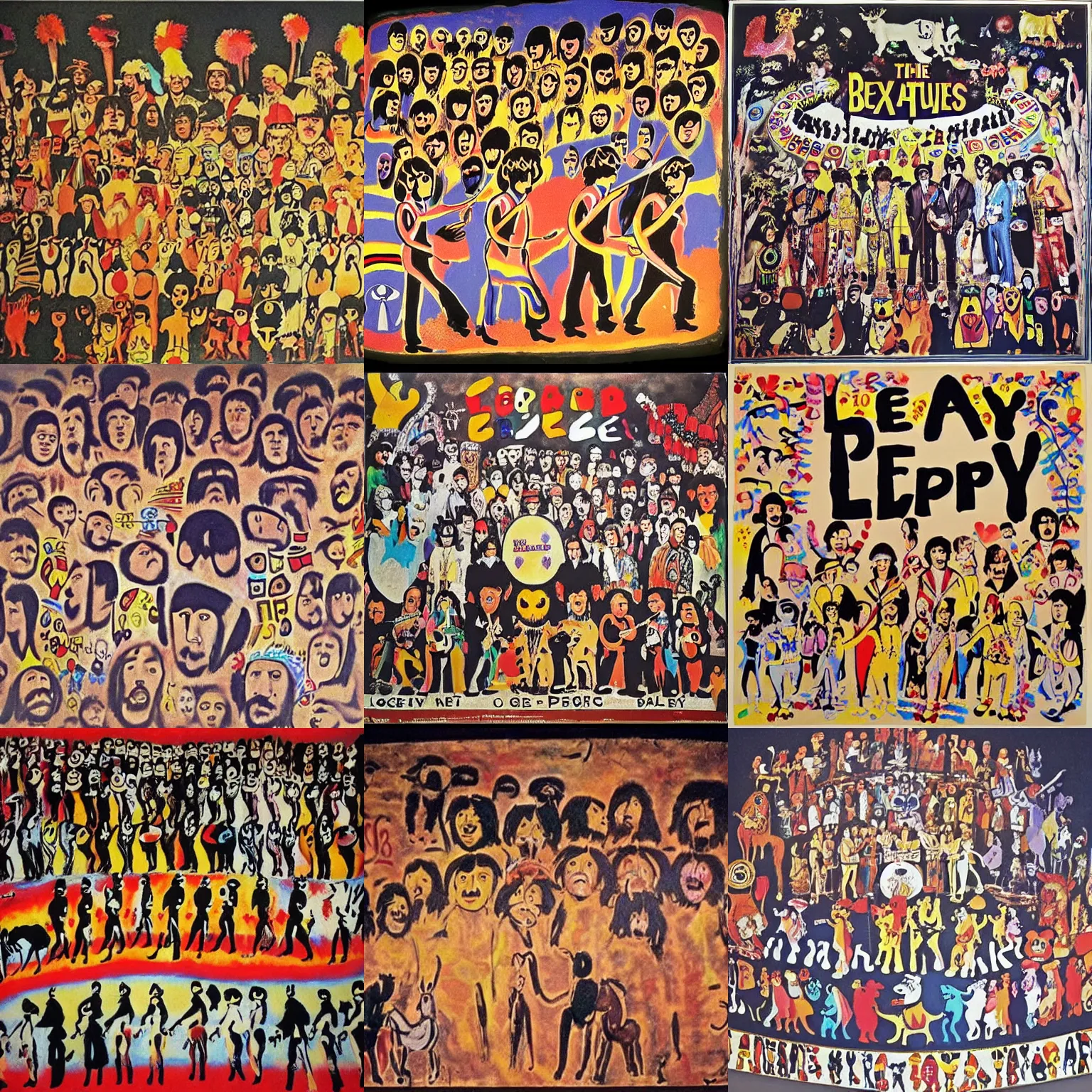 Prompt: lascaux cave painting of the beatles sgt pepper's lonely hearts club band ( 1 9 6 7 ) album cover!!!!!!!!!!!!!!!!!!!!!!!!!!!!! lascaux cave painting