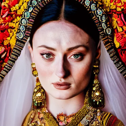 Image similar to 3 5 mm coloured film portrait of sophie turner as javanese bride, hyperrealism, photorealistic, detailed, atmospheric, 8 k, award winning photography, cinematic