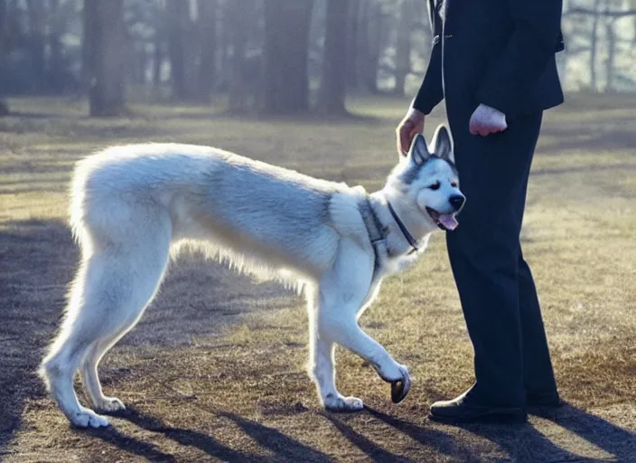 Image similar to film still of an anthropomorphic standing upright man dog white vested husky!!!!!! in a white vest wearing a white vest!!!!! in the new sci - fi movie, 8 k