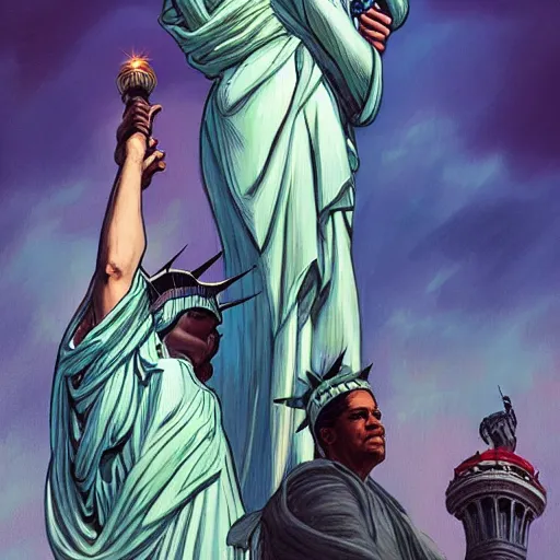 Image similar to alexandra ocasio - cortez hugging lady liberty, highly detailed digital painting, artstation, concept art, smooth, sharp focus, illustration, art by artgerm and greg rutkowski and alphonse mucha