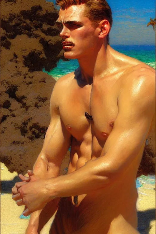 Prompt: beach, attractive male, character design, dynamic lighting, cool and bright tint, painting by gaston bussiere, craig mullins, j. c. leyendecker, tom of finland