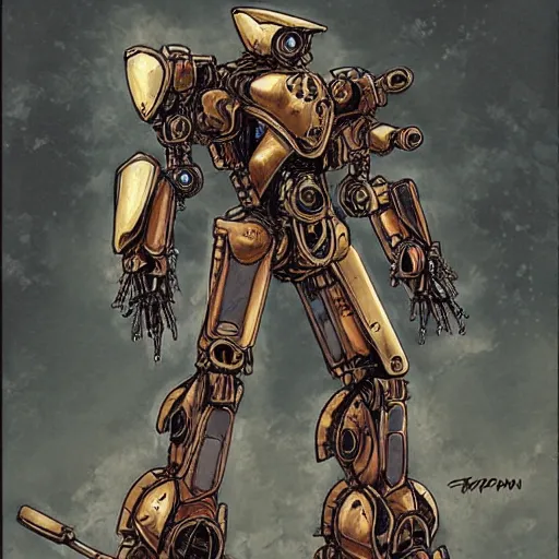 Image similar to concept art of an humanoid steampunk mecha in the shape of an armored hoplite by ayami kojima