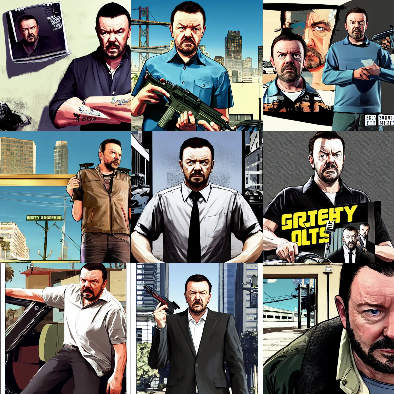 Prompt: ricky gervais in gta v promotional art by stephen bliss, no text, very detailed, professional quality