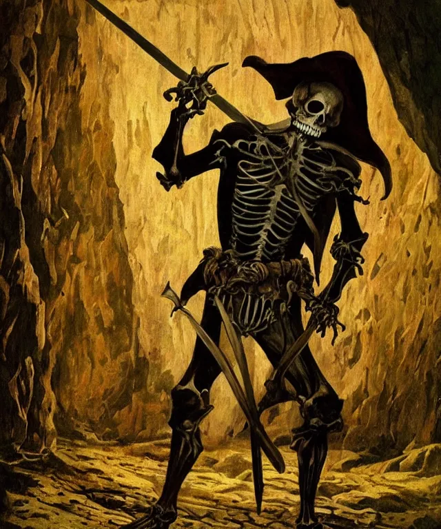 Image similar to ultra realistic color portrait painting of an skeletal 1 7 th century pirate with a sword in a grotto, dark, painted, brooding, atmospheric, seascape, lovecraft, horror, smooth, epic, highly detailed, cinematic, by angus mcbride