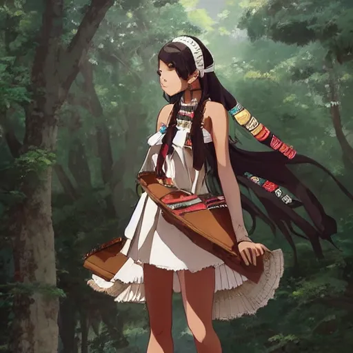 Prompt: a beautiful women instagram model, brown skin, wearing elegant catholic school girl designer fashion with mayan pattern and native style, aztec street fashion, gapmoe yandere grimdark, trending on pixiv fanbox, painted by greg rutkowski makoto shinkai takashi takeuchi studio ghibli, akihiko yoshida