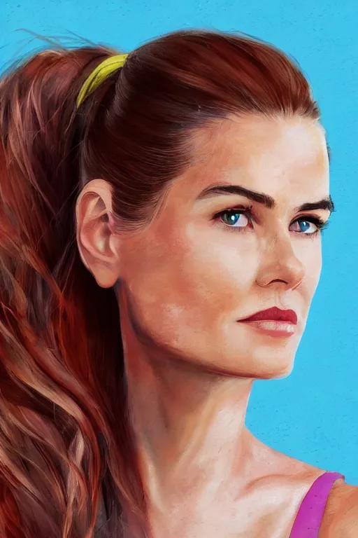 Image similar to portrait of a mix of beautiful young maria shriver, mariel hemmingway, brooke shields, nicole kidman and elle macpherson as an exercise gym girl, thin lips, hair tied up in a pony tail, colorful artstation, cgsociety