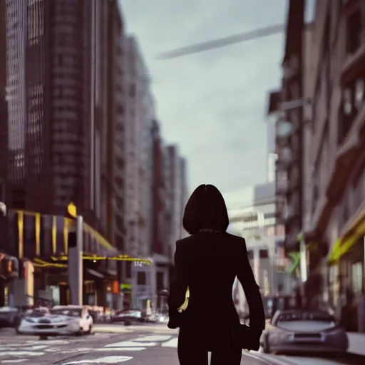 Prompt: a woman in a business suit walking down a busy city street. 3 d octane render