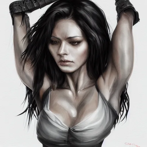 Prompt: a black haired woman in a black tank top, muscular upper body, abs, d & d, fantasy, intricate, elegant, highly detailed, digital painting, artstation, concept art, smooth, sharp focus, illustration, art by simon bisley