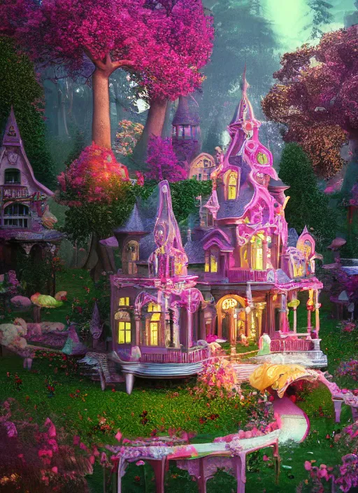 Image similar to Magical enchanted house on a candy biome full of candys, cotton candy trees, cinematic shot, intricate, ornate, photorealistic, ultra detailed, realistic, 100mm, photography, octane, high definition, depth of field, bokeh, 8k, artstation