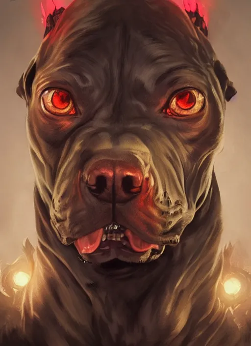 Prompt: vicious pitbull terrier with three heads and glowing eyes, sinister portrait, highly detailed, digital painting, artstation, concept art, matte, sharp focus, illustration, dramatic, cinematic hellburst, hearthstone, art by artgerm and greg rutkowski and alphonse mucha