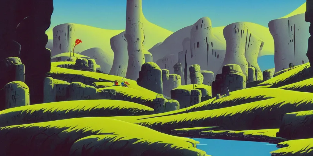 Prompt: medieval landscape, gouache, animated film, stylised, illustration, by eyvind earle, scott wills, genndy tartakovski, syd mead