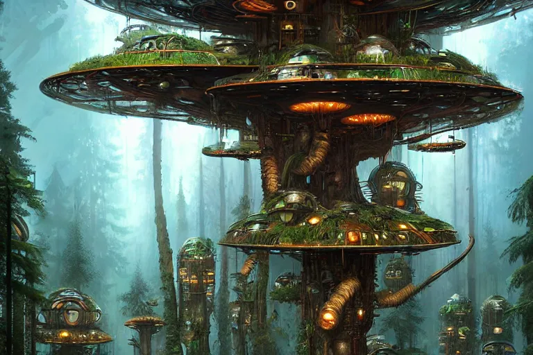 Image similar to mushroompunk treehouse city on endor, hyper detailed, by alejandro burdisio,