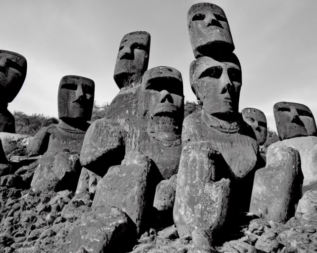 Image similar to black and white noir film. moai as lords of cannabis.