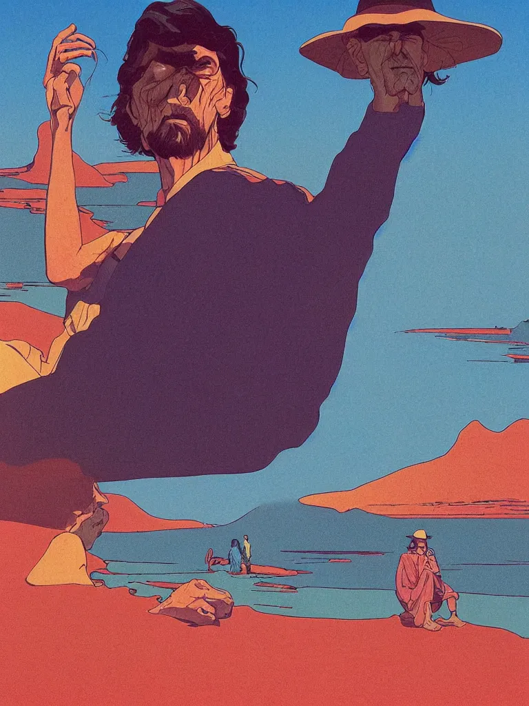 Prompt: a closeup portrait of george harrison, taking mind altering drugs, a blotter paper of lsd acid and dreaming psychedelic hallucinations in a vast desert landscape, by kawase hasui, moebius, edward hopper, colorful flat surreal design, dramatic lighting, hd, 8 k, artstation