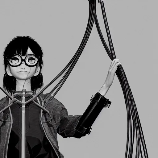 Image similar to RPG character concept art, modular synth musician patching cables, wires flying in the air, in the style of Jamie Hewlett Hiroya Oku Riyoko Ikeda, 3d render, artstation trending, 8k, octane render, photorealistic, sharp detail, manga, black and white