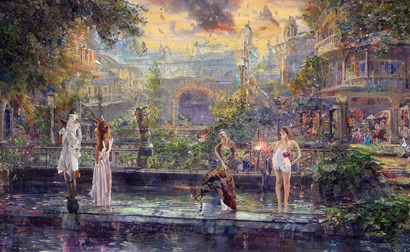 Prompt: An urban train rides inside of a waterway on a fantasy city, next to a fountain and a mystical palace. By Konstantin Razumov, horror scene, highly detailded