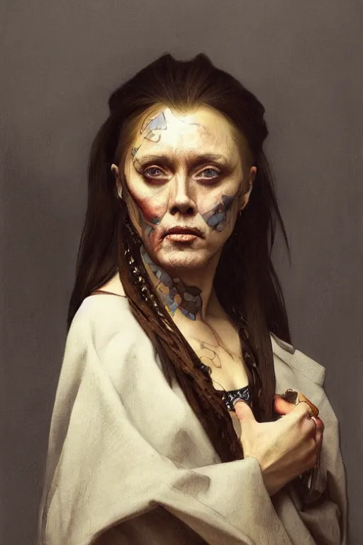 Image similar to portrait of christopher walken with a face tattoo, masterpiece painting by artgerm and greg rutkowski and alphonse mucha and caravaggio and vermeer