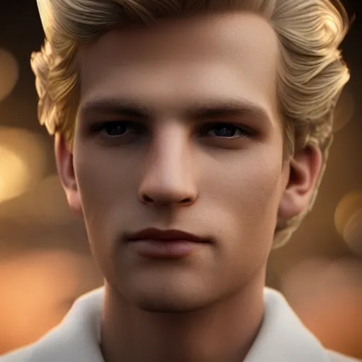 Prompt: a beautiful close - up of a blond young male. dressed in 1 9 4 0 s style. butterfly lightning. shallow depth of field, photorealistic, cinematic lighting, dusk, highly detailed, high detail, great lighting, 8 k resolution, masterpiece, clear eyes, hdr, trending on artstation, 4 k, 8 k, hd