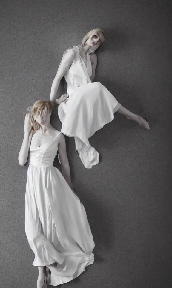 Image similar to photo of gorgeous seductive tall emily skinner cosplaying annie leonhart wearing elegant white dress, wearing open toe heels, in a white room, beautiful face, pale skin, rule of thirds, cinematic lighting, sharp focus, backlit, stunning, smooth, hard focus, full body shot, studio photo, shot on sony a 7 iii