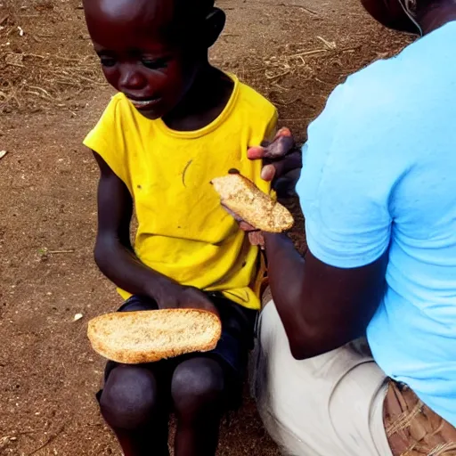 Image similar to photo of a malnourished ugandan boy sharing bread with a blond american