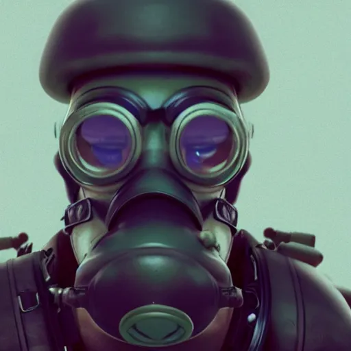 Image similar to waluigi wearing a soviet gasmask, cgi, artstation, octane render, portrait photography, lucasfilm, cinematic