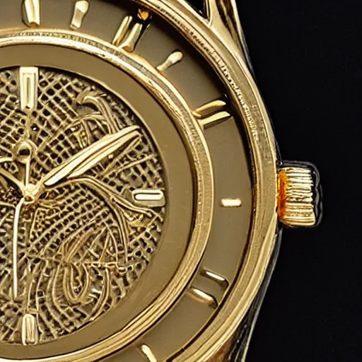 Prompt: close up of a gold wrist watch, intricate, complex, high detail