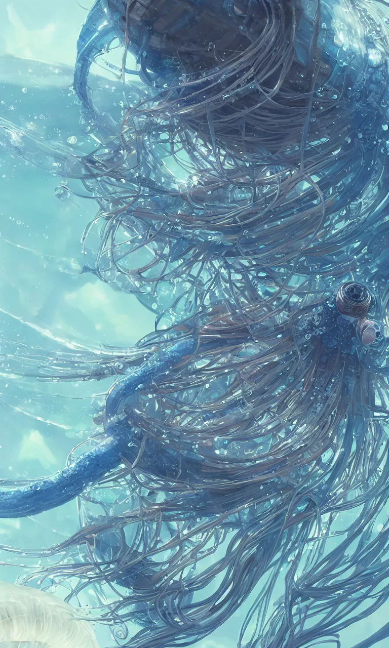 Image similar to Panorama hyper detailed painting of a cyberpunk jellyfish, blue tones, underwater, 8 mm, highly detailed, digital painting, artstation, concept art, smooth, sharp focus, illustration, art by artgerm and greg rutkowski and alphonse mucha