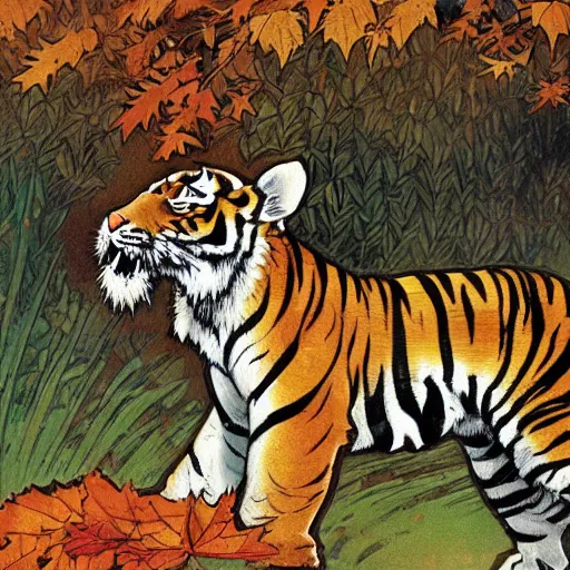 Image similar to a highly detailed cartoon tiger is flapping a leaf fan, sweating, autumn leaves on the ground, concise lines, ultradetailed environment, sharp focus, cinematic lighting, by alphonse maria mucha and kim jung gi