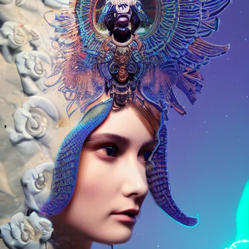 Prompt: 3 d goddess close up russian profile portrait with ram skull. beautiful intricately detailed raven mask, betta fish, phoenix jellyfish, bioluminescent, plasma, ice, water, wind, creature, artwork by wu and wlop and beeple and greg rutkowski