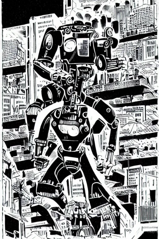 Prompt: a robot on a rampage in mega city one, drawn by Mike McMahon