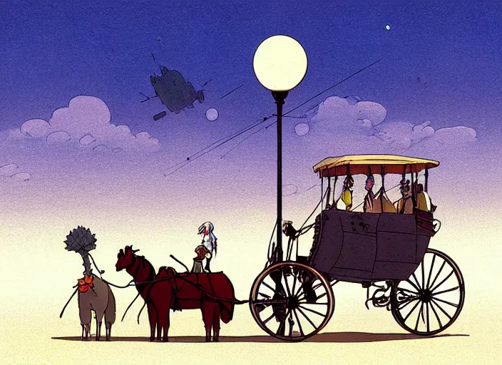 Image similar to a cell shaded cartoon of a stagecoach being pulled by two ostriches from howl's moving castle ( 2 0 0 4 ), on a desert road, lamp posts, in front of a pale full moon, full body, wide shot, very dull muted colors, studio ghibli, highly detailed, deviantart, art by artgem