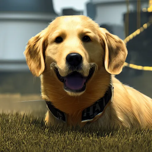 Image similar to golden retriever in hazmat suit, 8 k, cinematic, ultra realistic