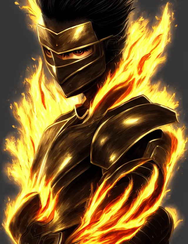 Image similar to a detailed manga portrait of a black haired man with hazel eyes in gleaming golden armour that burns with golden fire, trending on artstation, digital art, 4 k resolution, detailed, high quality, sharp focus, hq artwork, coherent, insane detail, character portrait