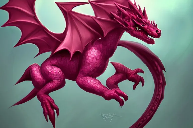 Image similar to full body digital illustration of a cute baby dragon by randy Vargas, magenta dragon, concept art, black matte background, deviantArt, artstation