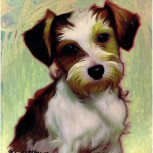 Image similar to a high quality painting of a very cute scruffy wire haired jack russell terrier puppy, white with chocolate brown spots, brown patches over both eyes. friendly, curious expression. painting by alphonse mucha