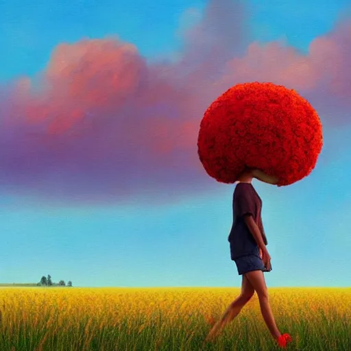 Image similar to giant red carnation afro head, full body, girl walking in the middle of a wheat field, surreal photography, hills, sunrise dramatic light, impressionist painting, colorful clouds, digital painting, pointillism, artstation, simon stalenhag