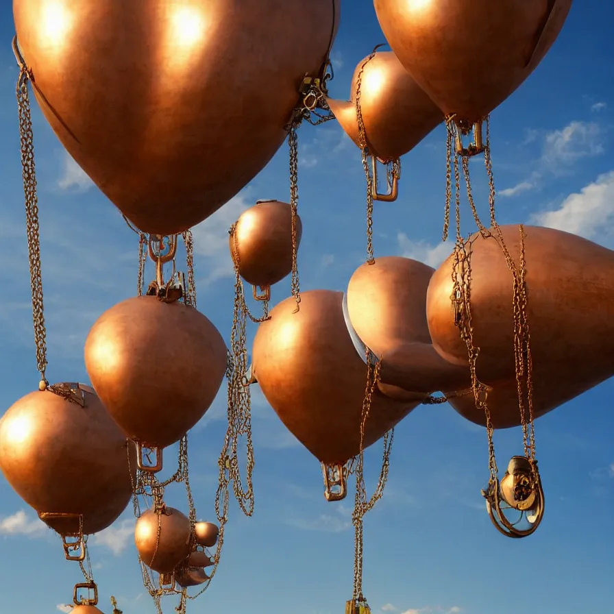 Image similar to beautiful blimps high in the sky, copper chains hanging from the edges, steampunk styled, golden hour, steam clouds, clouds, valves, award winning photography, highly detailed, low poly, extremely wide angle