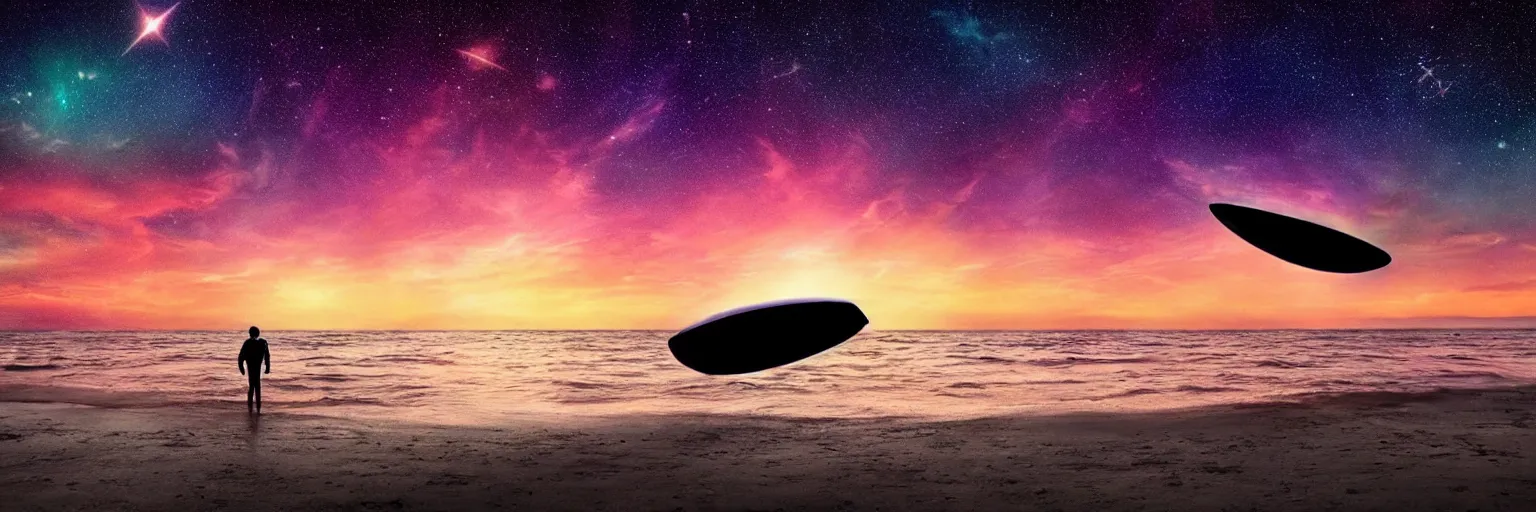 Image similar to a giant glowing spaceship floating in the ocean, an old soul standing on the beach overlooking, sunset and colorful sky with many stars