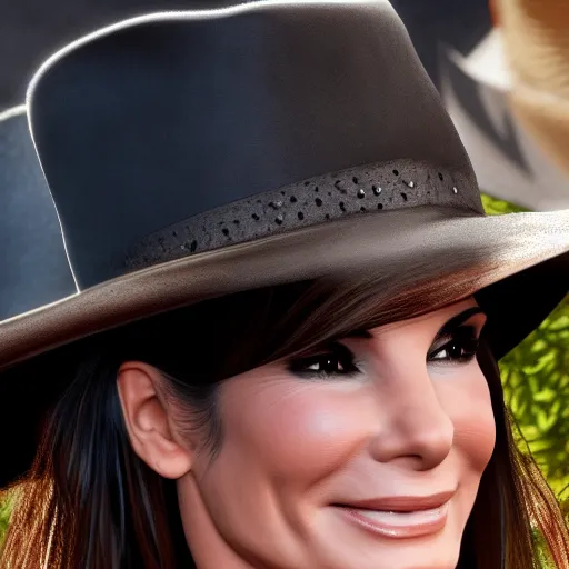 Image similar to Closeup of Sandra bullock wearing a black cowboy hat in wild wild west 1999, an ambient occlusion render by Miyamoto, polycount, superflat, prerendered graphics, physically based rendering, unreal engine 5