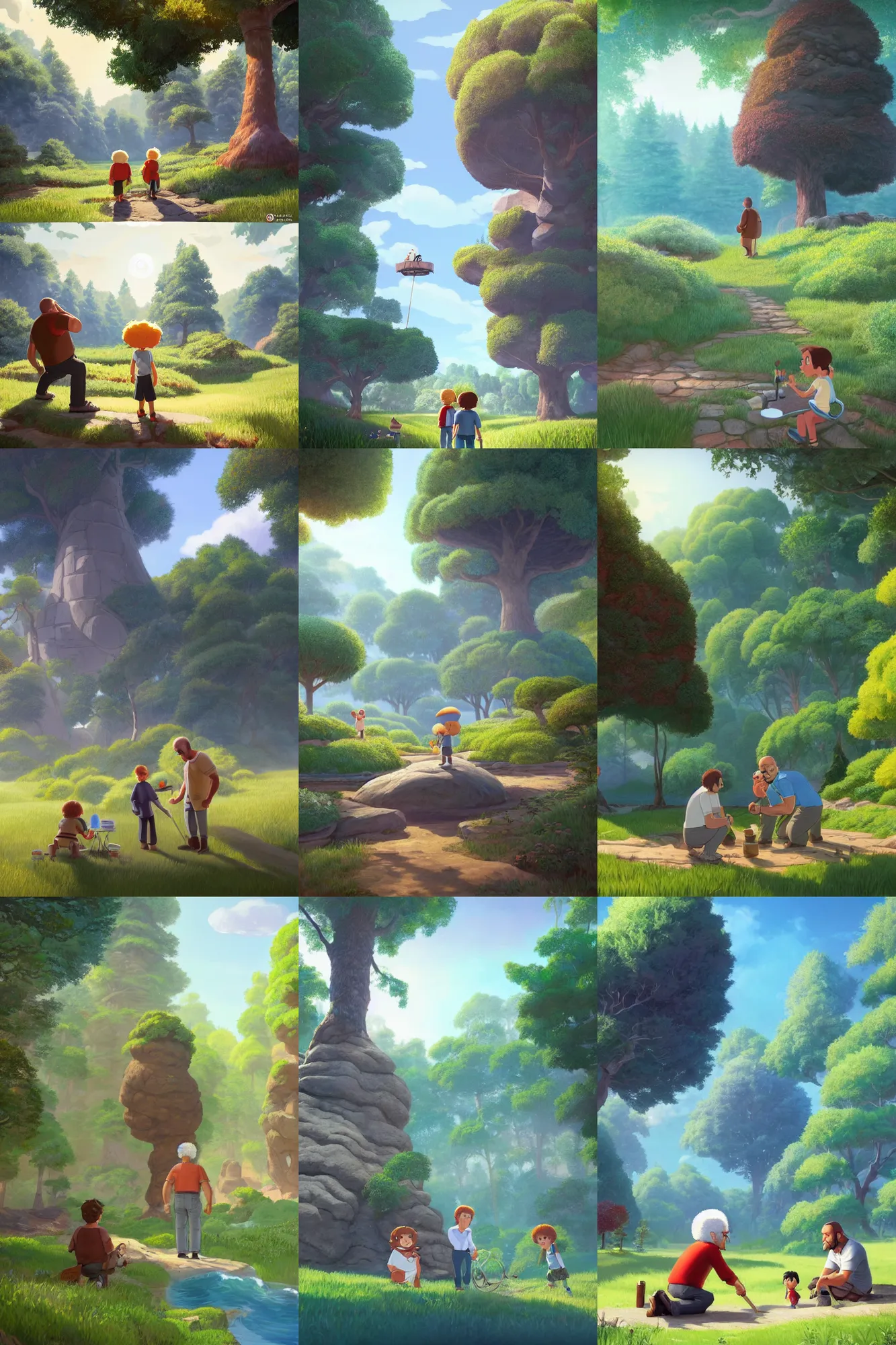 Prompt: a wholesome cottagecore illustration of a happy cartoon Dwayne The Tock Johnson painting trees with Bob Ross in the local park, studio Ghibli, Pixar and Disney animation, sharp, Rendered in Redshift and Unreal Engine 5 by Greg Rutkowski, Bloom, dramatic lighting