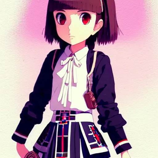 Image similar to a beautiful! boyish! natalie portman model, wearing catholic school girl outfit with mayan pattern and native style, jrpg aztec street fashion, gapmoe yandere grimdark, trending on pixiv fanbox, painted by greg rutkowski makoto shinkai takashi takeuchi studio ghibli, akihiko yoshida