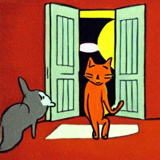 Image similar to by tove jansson, an orange cat crossing in front of a dim doorway, comic