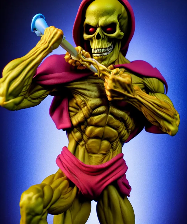 Image similar to hyperrealistic rendering, skeletor, by art of skinner and richard corben and jeff easley, product photography, action figure, sofubi, studio lighting, colored gels