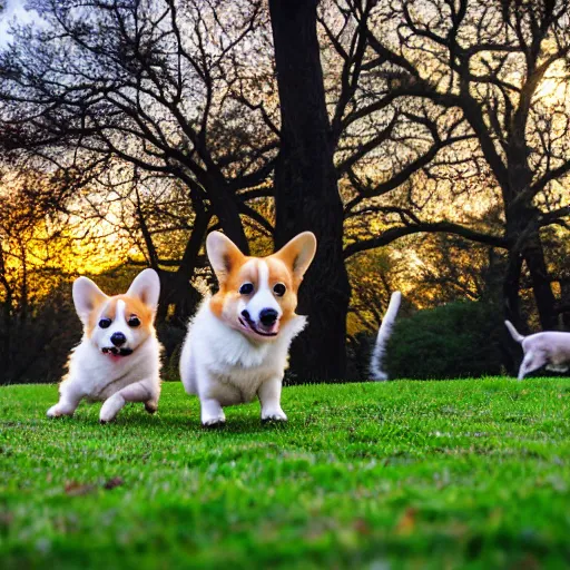 Prompt: 8k highly detailed photograph of the three most adorable Corgi Puppies playing in Central Park, golden hour,