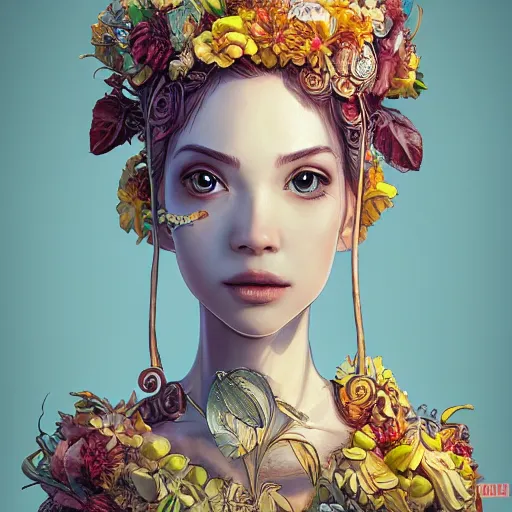 Prompt: the portrait of an absurdly beautiful, graceful, elegant innocent woman made of bananas and petals looking up, an ultrafine detailed illustration by kim jung gi, irakli nadar, intricate linework, bright colors, octopath traveler, final fantasy, angular, unreal engine 5 highly rendered, global illumination, radiant light, detailed and intricate environment