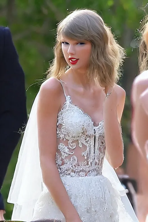 Image similar to medium - shot!!!!!!!!!!!! of taylor swift in a beautiful wedding dress, focus on face and facial details