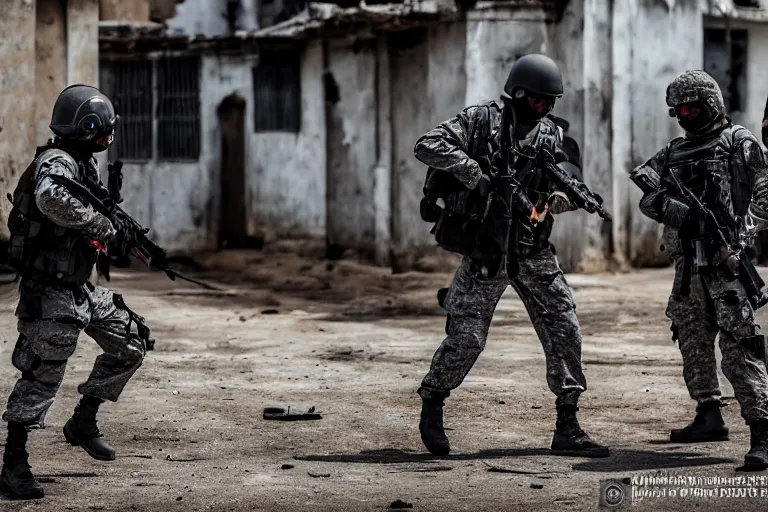 Prompt: Mercenary Special Forces soldiers in grey uniforms with black armored vest and black helmets in urban warfare in Cambodia 2022, Canon EOS R3, f/1.4, ISO 200, 1/160s, 8K, RAW, unedited, symmetrical balance, in-frame, combat photography