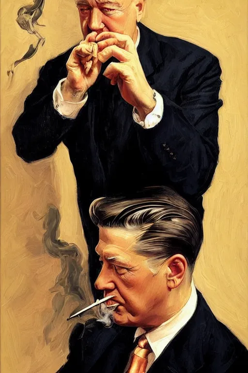 Image similar to david lynch smoking, painting by jc leyendecker!!, angular, brush strokes, painterly, vintage, crisp