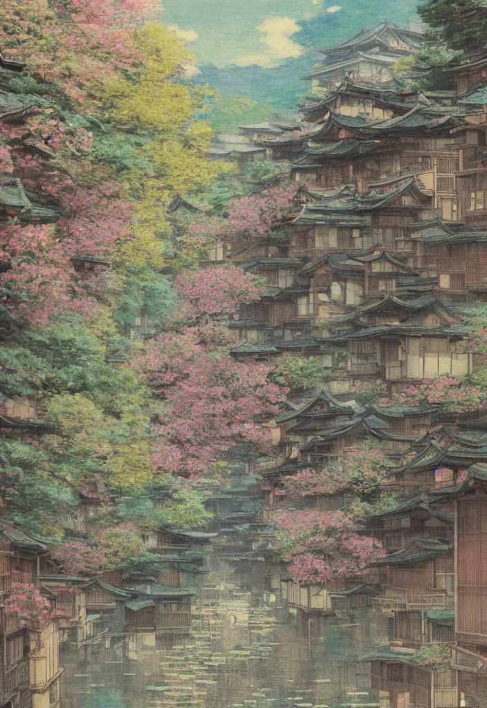 Image similar to a beautiful japanese city in the mountain, amazing ryokans and gorgeous edo era houses, yokai all around, epic cyberpunk, lofi vibe, colorful, vivide colors, amazing light, light beams with dust, really mesmerizing nature, by jeremy lipkin, by claude monet, by makoto shinkai, kandinsky touches, inspired by ghibli, masterpiece, beautiful