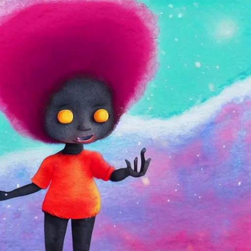 Image similar to a black girl with a colorful afro and big colorful eyes playing in the snow, bright colours, bokeh!! watercolor, volumetric wool felting, macro photography, children illustration, by goro fujita